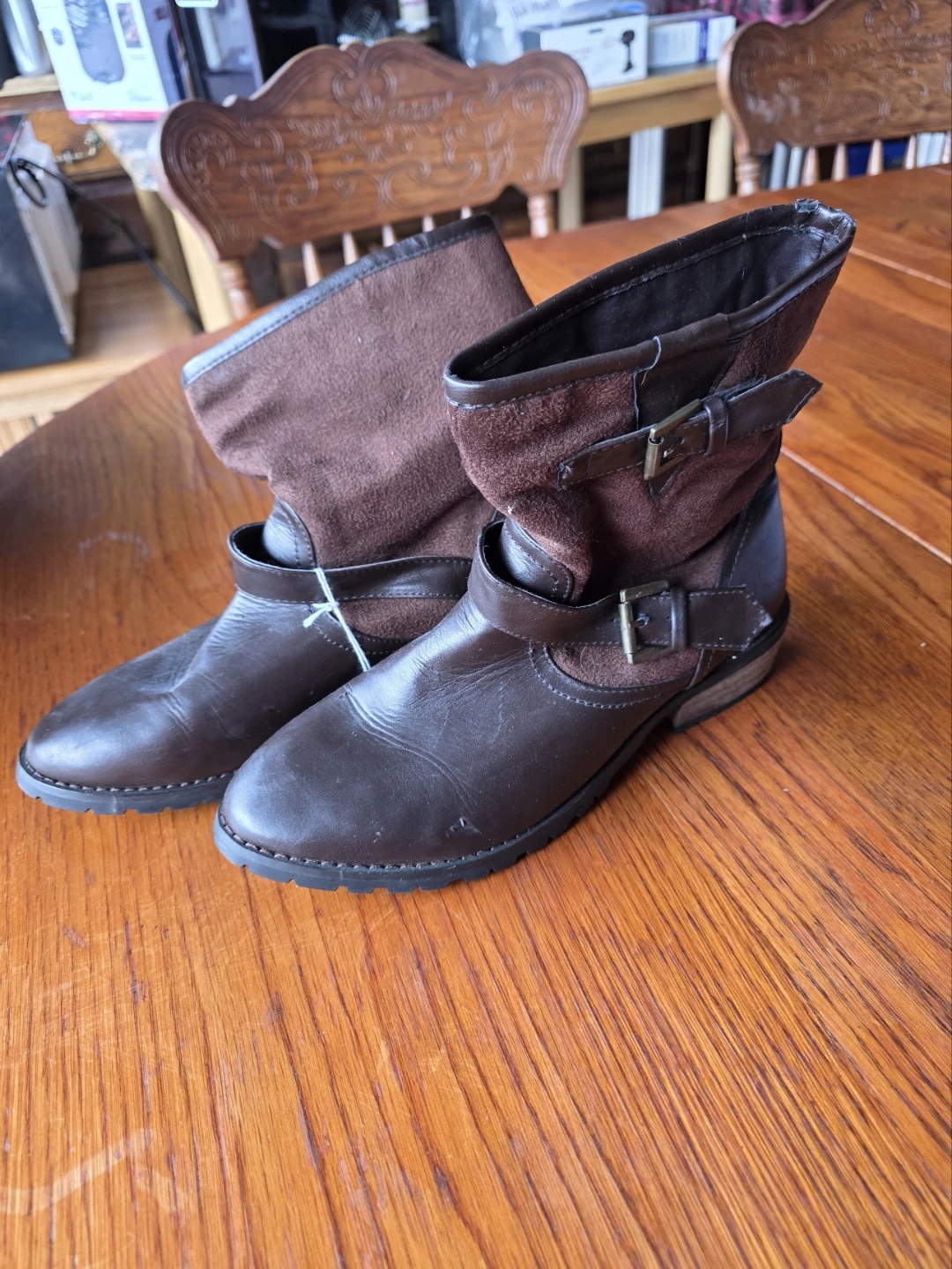 Brown Suede & Leather Buckle Boots