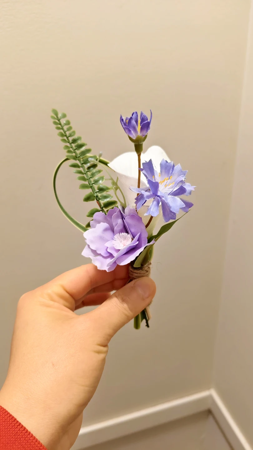 Artificial Boutonniere with Purple Flowers and Fern