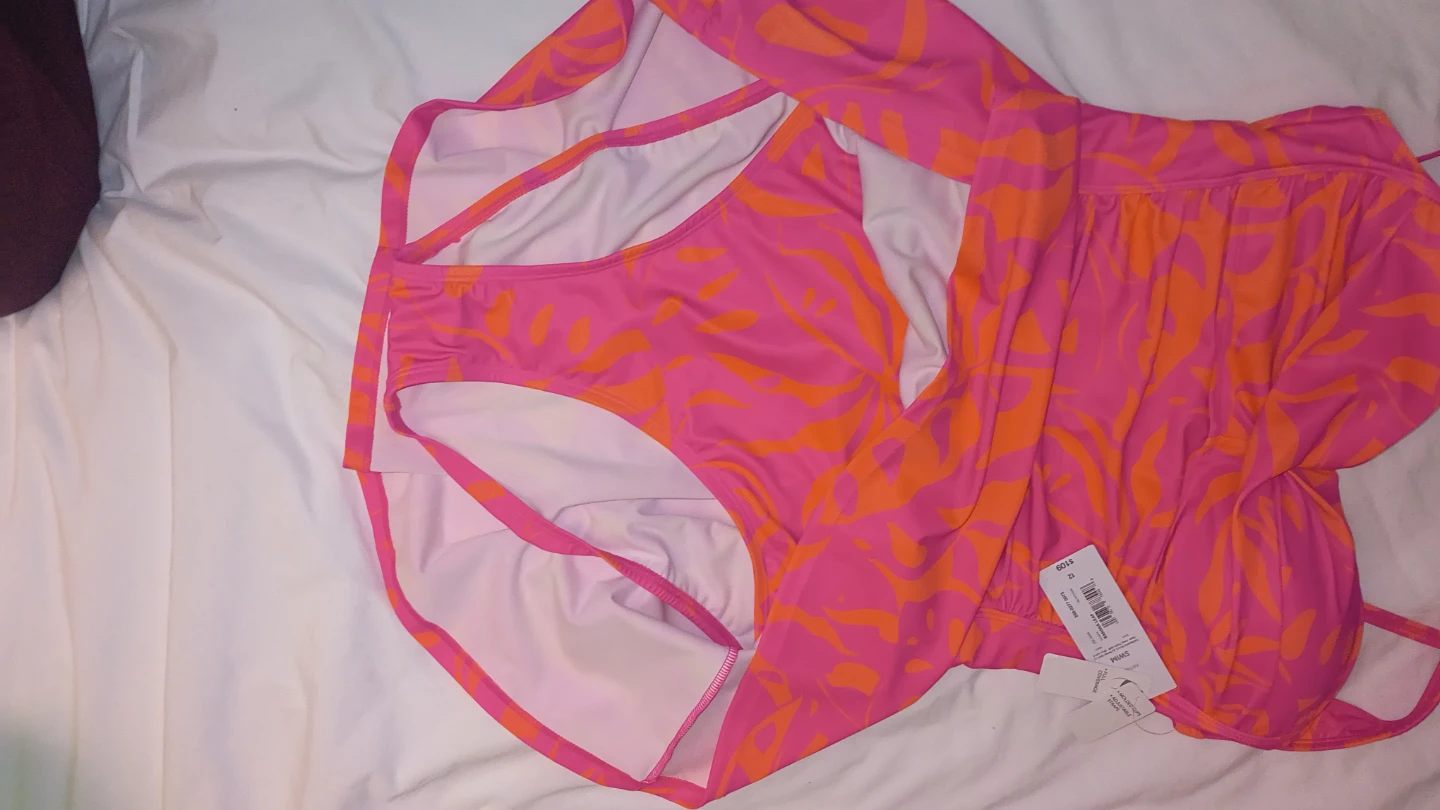 Liz Claiborne Pink Orange Leaf Print Swimsuit Size 12 - photo 3