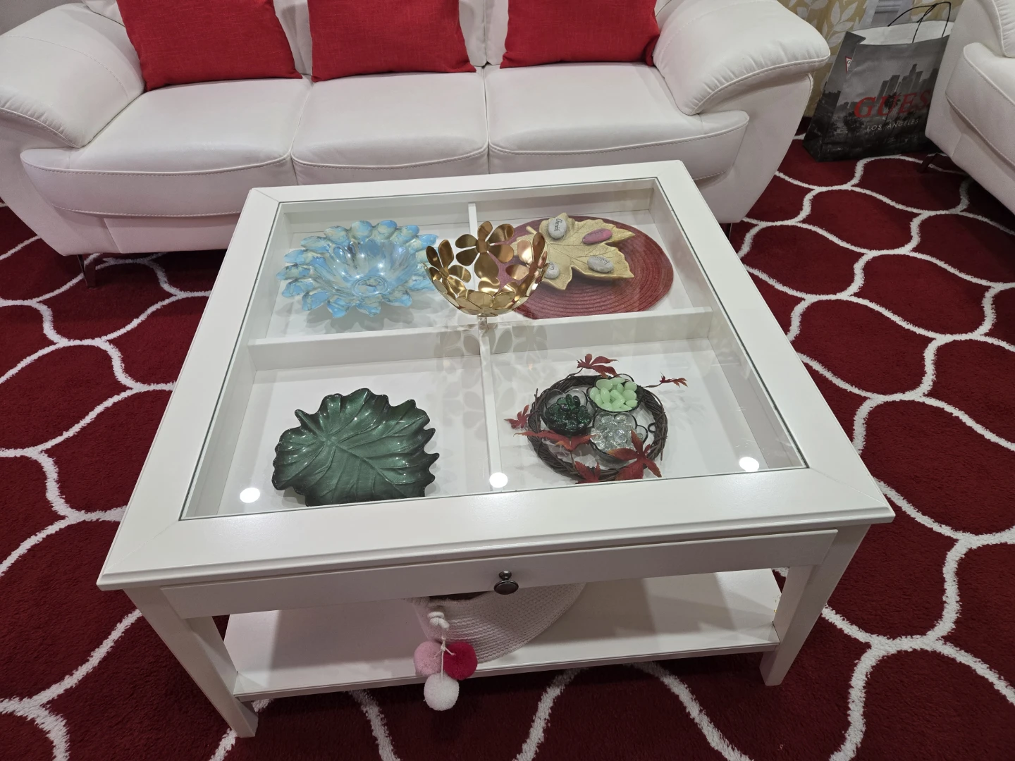 White Coffee Table with Glass Display Top
