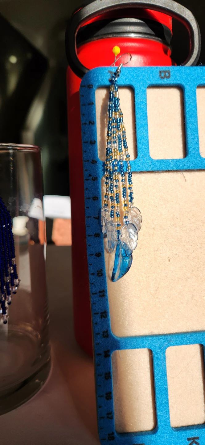Blue & Gold Beaded Dangle Earrings with Leaf Charms - photo 3