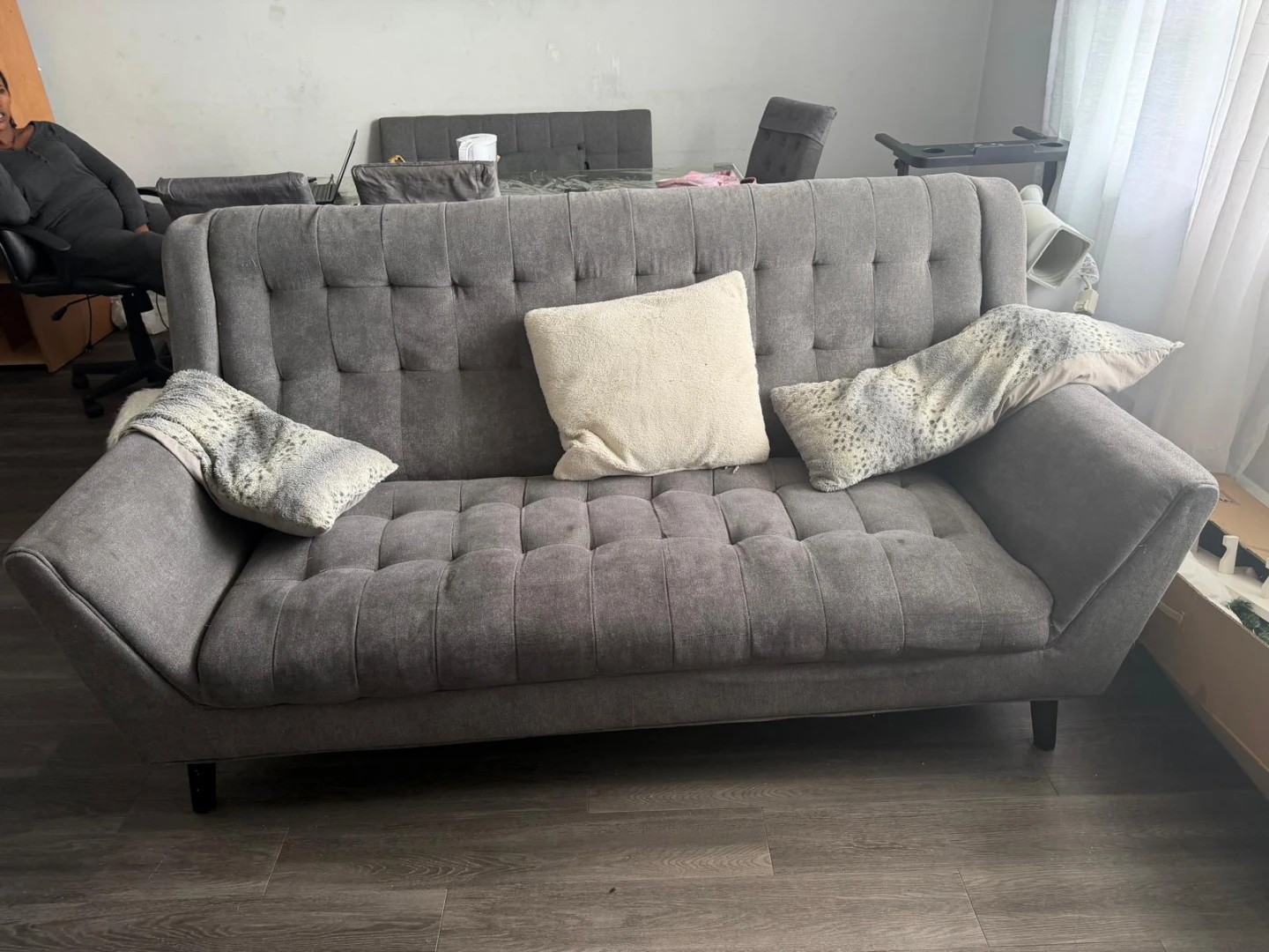 Grey Tufted Sofa Set with Ottoman