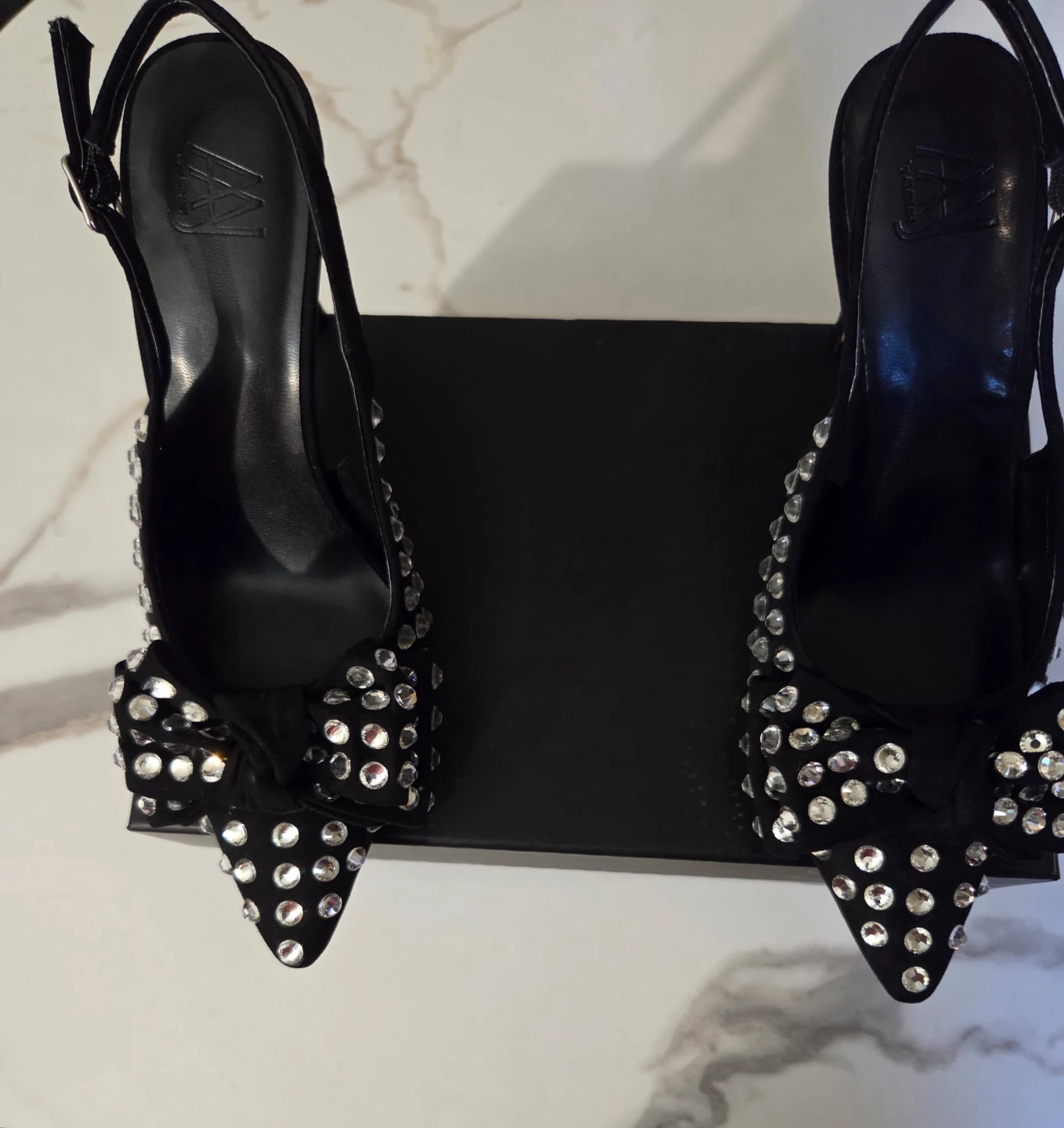 AMINAH Slingback Pumps Black Bow Crystal Size 6M⚽️