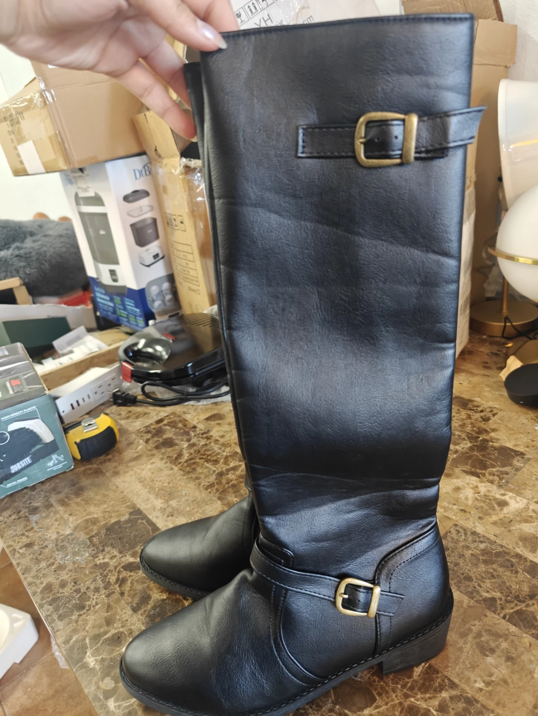 Black Faux Leather Knee-High Boots with Buckle Detail