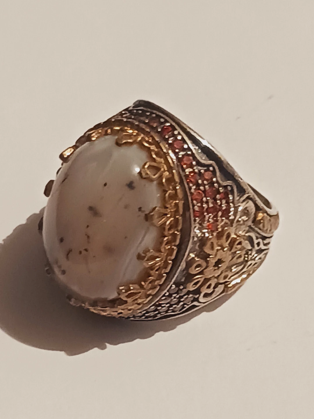 Sterling Silver Stamped Large Agate Ring with Red Accents. 9. - photo 2