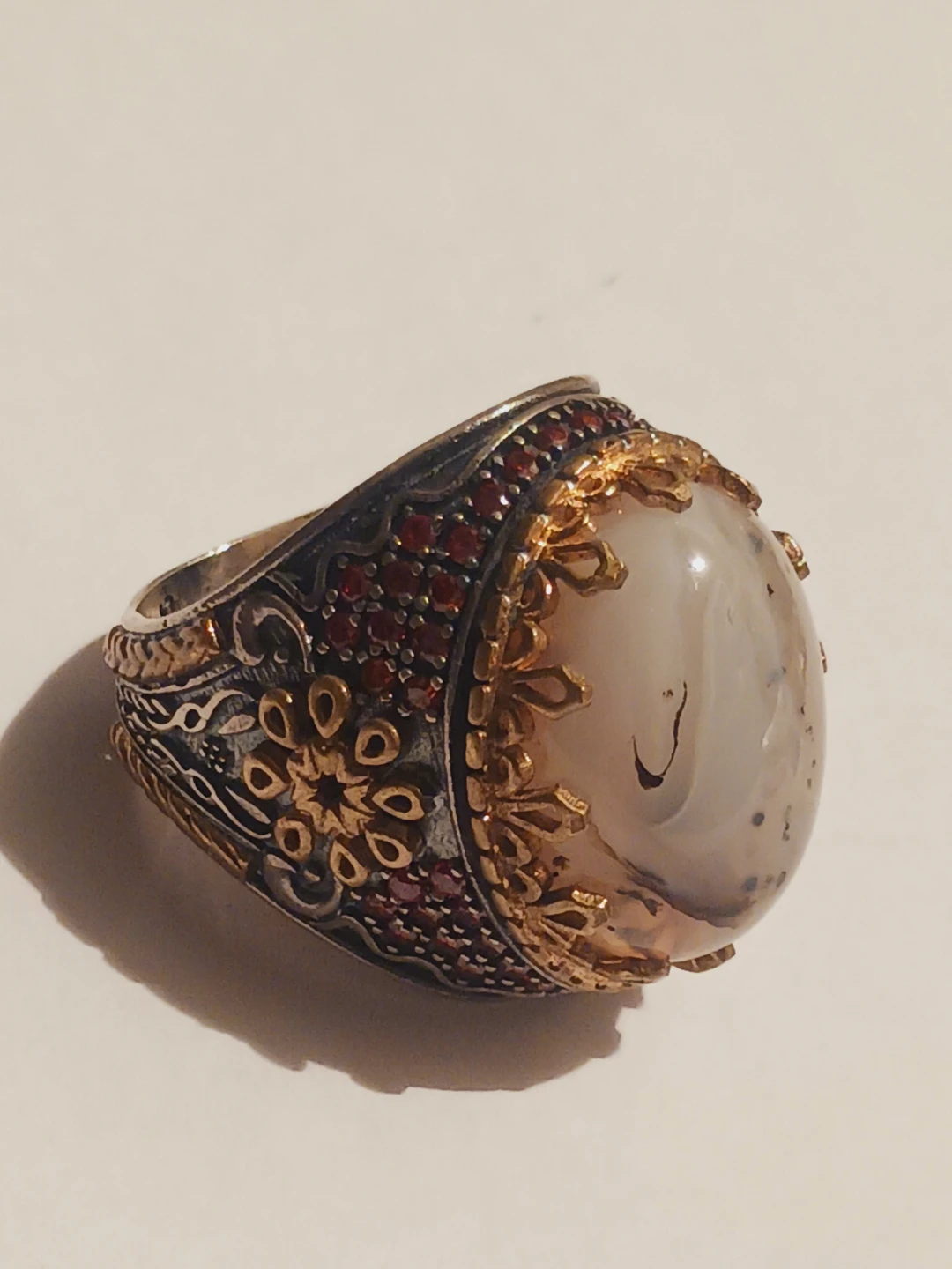 Sterling Silver Stamped Large Agate Ring with Red Accents. 9. - photo 3