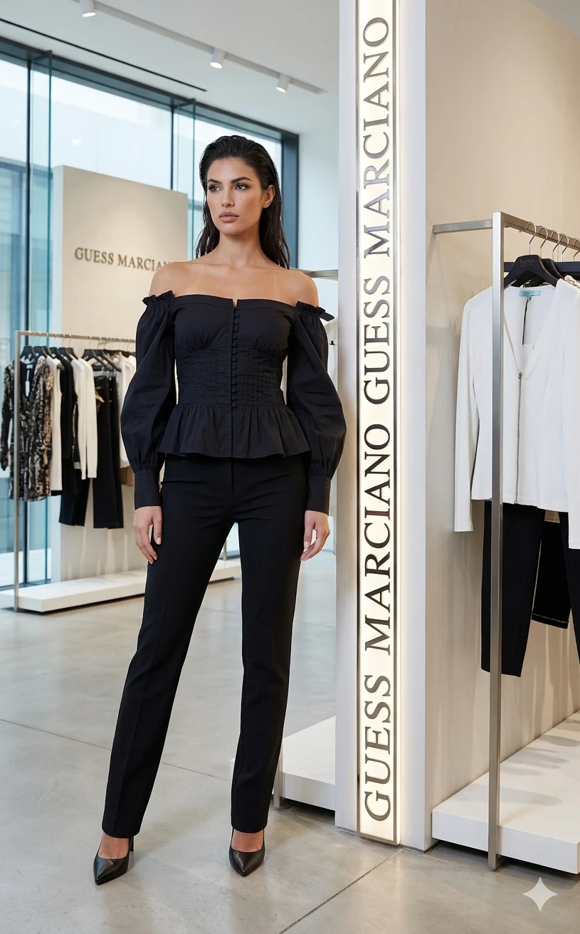 GUESS by Marciano Black Off-the-Shoulder Peplum Blouse
