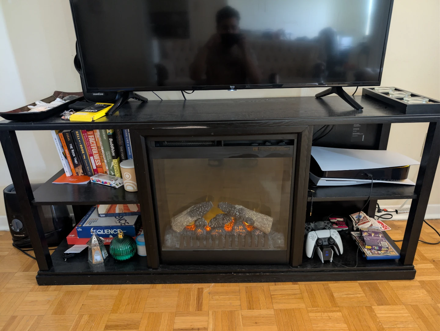 Black TV Unit with Electric Fireplace and built in heater - photo 3