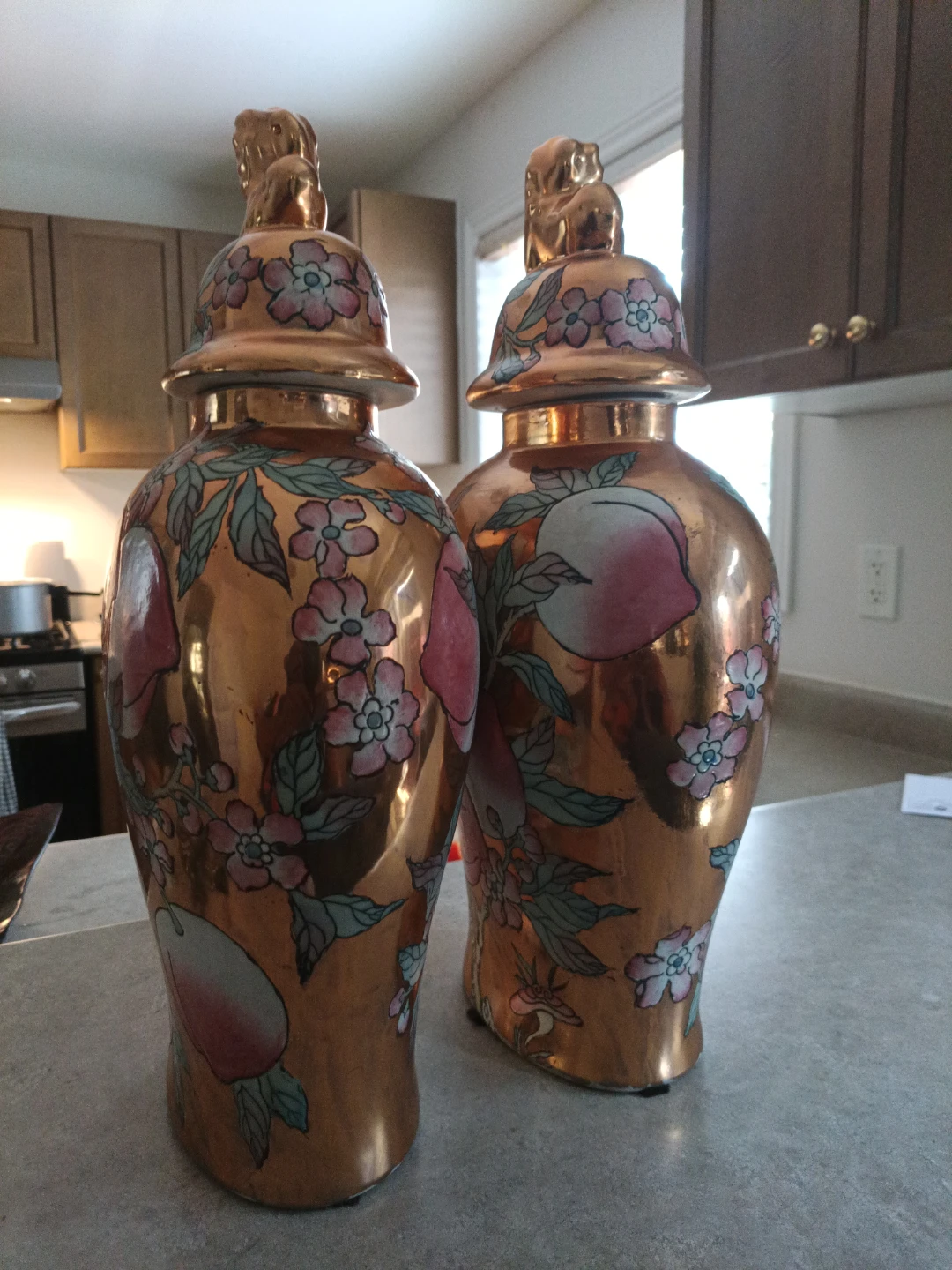 Gold Ginger Jar with Peaches and Flowers Design