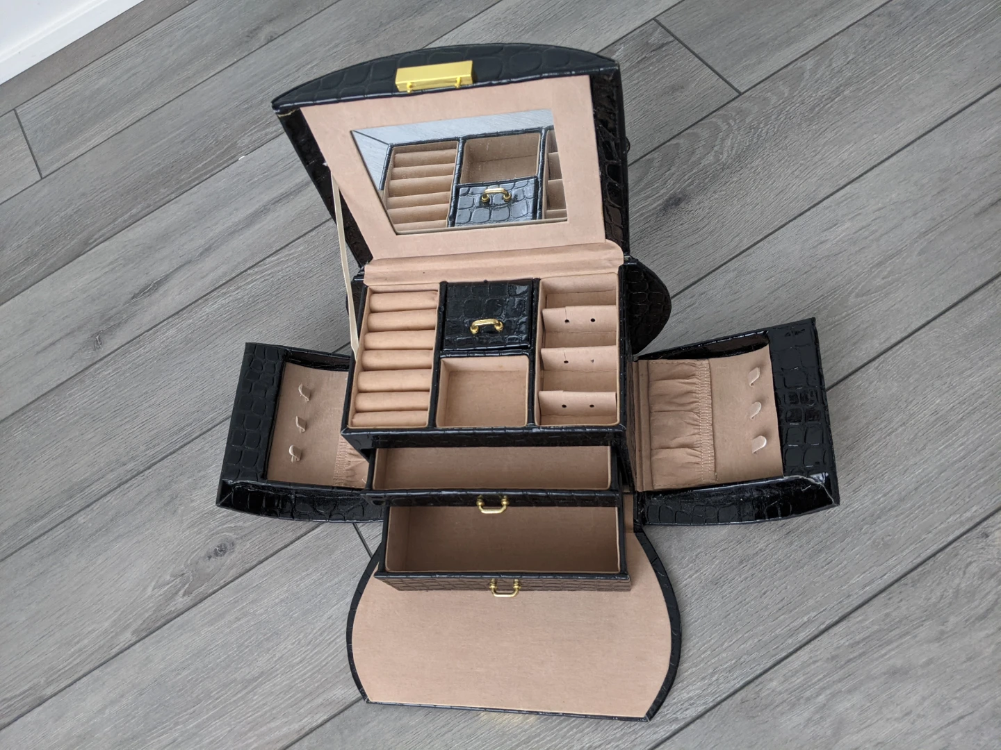 Black Faux Croc Jewelry Box with Mirror and Drawers