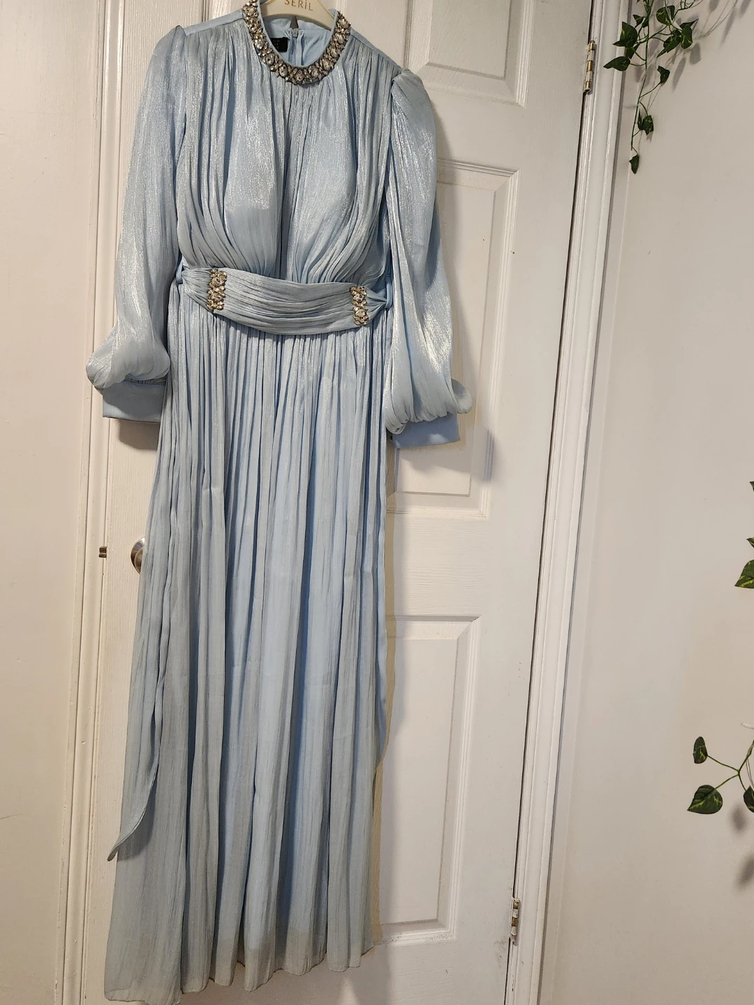 Seril Women's Light Blue Beaded Neckline Gown