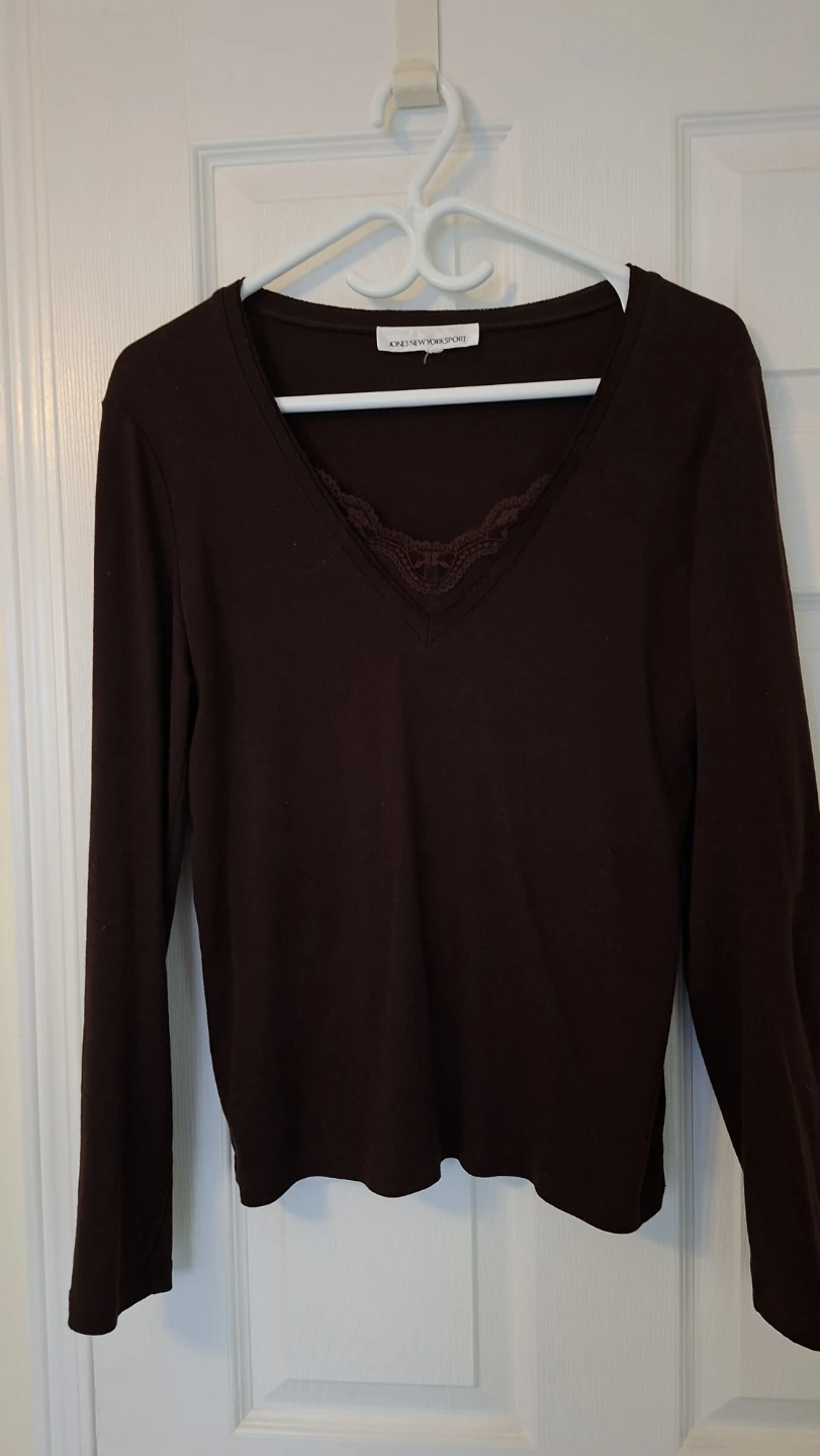 Women's Brown Long Sleeve Top with Lace V-Neck