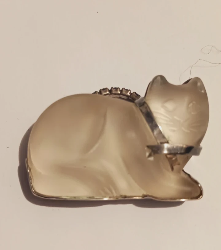 Sterling Silver 925  Frosted Rock Crystal Cat Brooch - photo 2