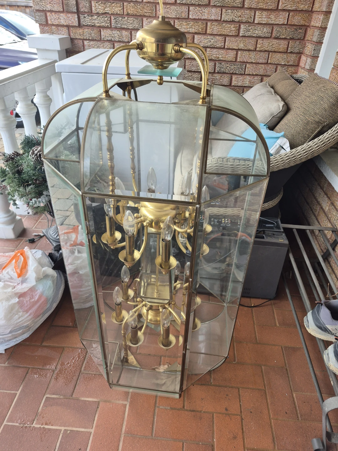 Large Glass and Brass Chandelier Light Fixture - photo 2