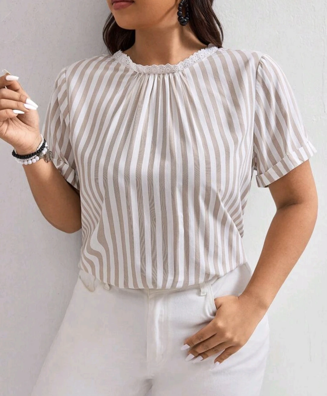 Striped Lace Trim Button-Up Blouse