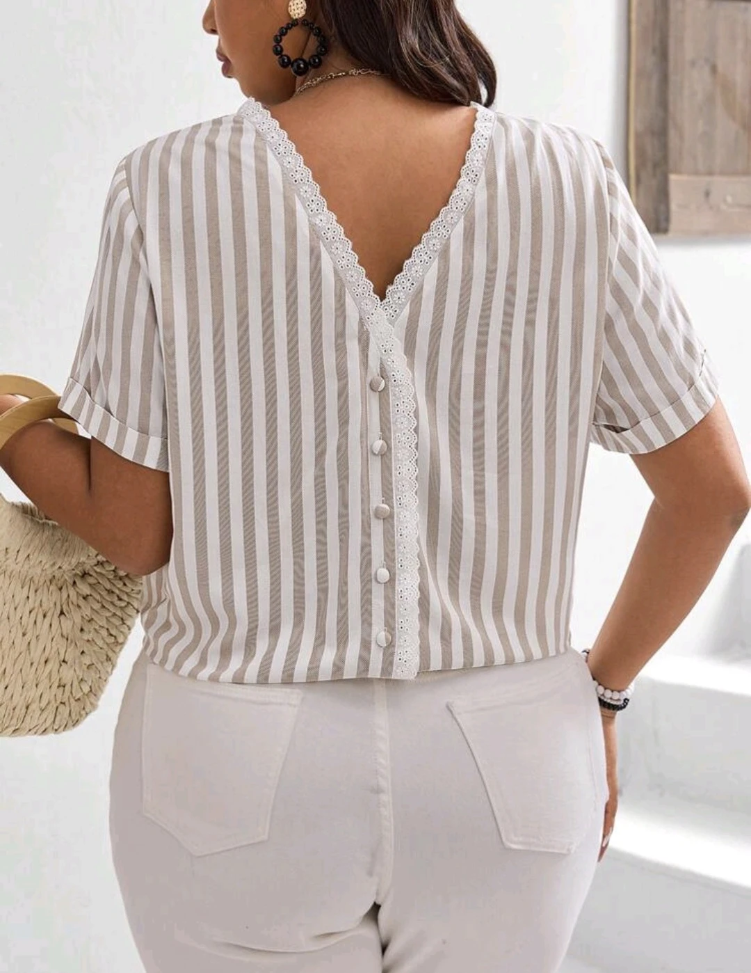 Striped Lace Trim Button-Up Blouse - photo 2