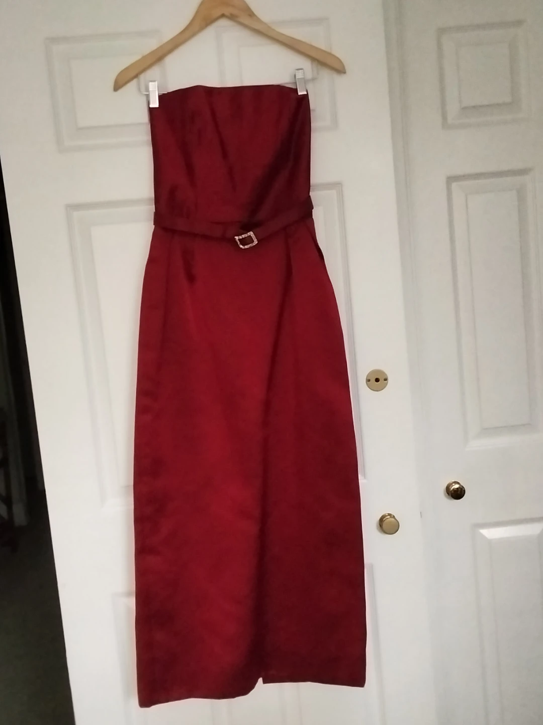 Red Strapless Formal Dress with Embellished Belt
