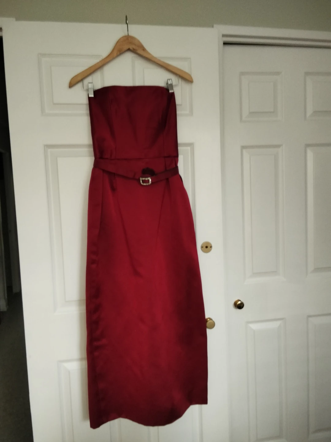 Red Strapless Formal Dress with Embellished Belt - photo 3