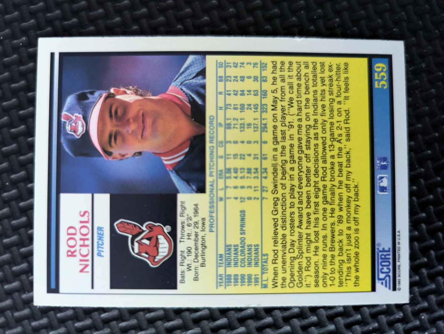 ⚽ 1992 Score Rod Nichols Baseball Card - photo 2