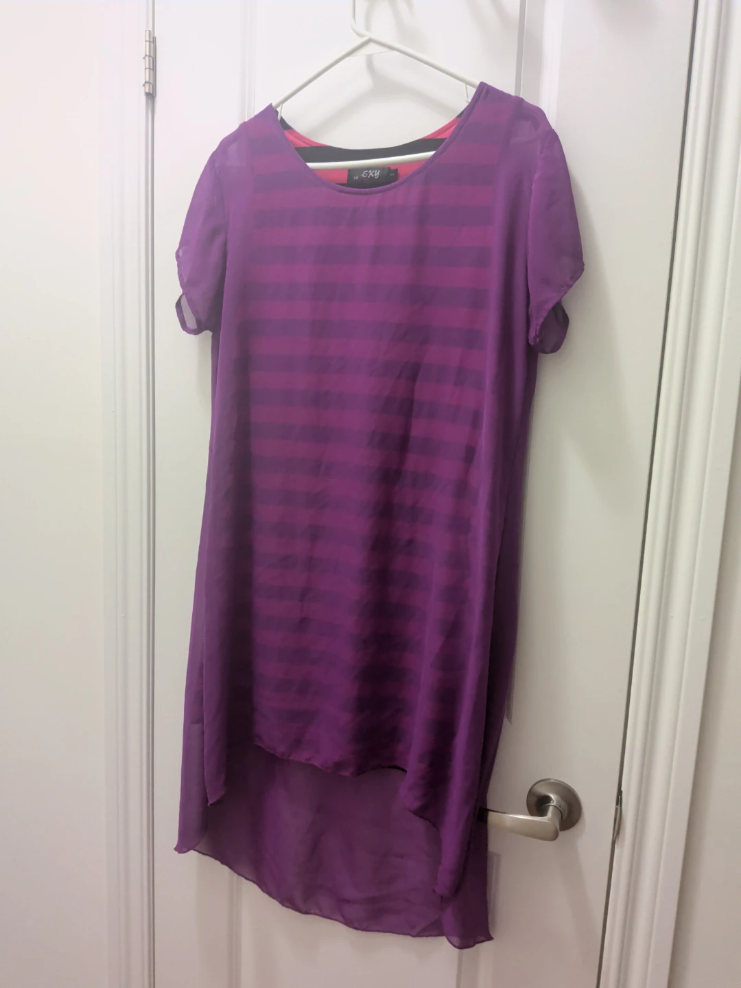 EKYU Women's sheer Dress with Purple Striped t shirt inlay