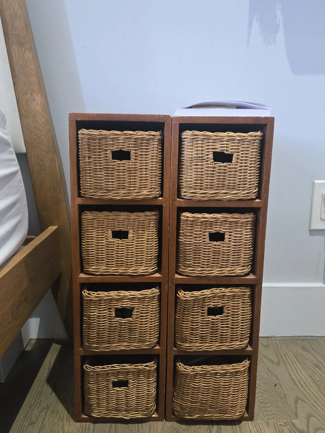 Set of 2 Wooden Storage Units with Wicker Baskets
