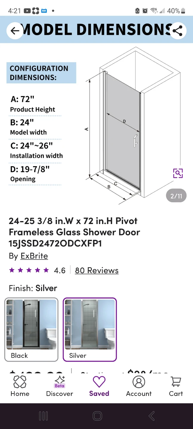 Silver 24-25 3/8 in. W x 72 in. Frameless Glass Shower Door - photo 4
