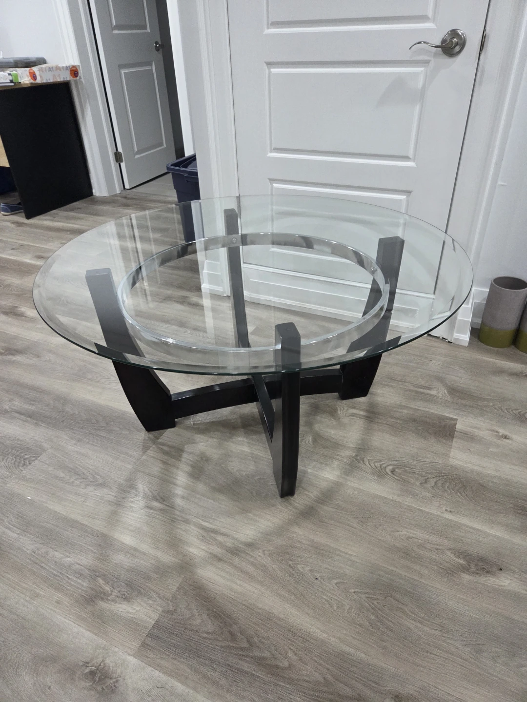 Glass Coffee Table with Dark Wood Base