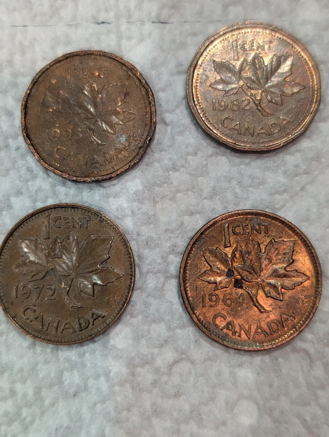 4 Canadian 1 Cent Coins - 1964, 1972, 1982, 1993