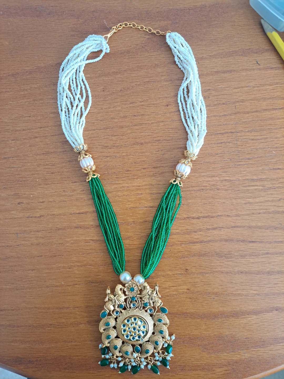 Gold-tone Necklace with White and Green Beads
