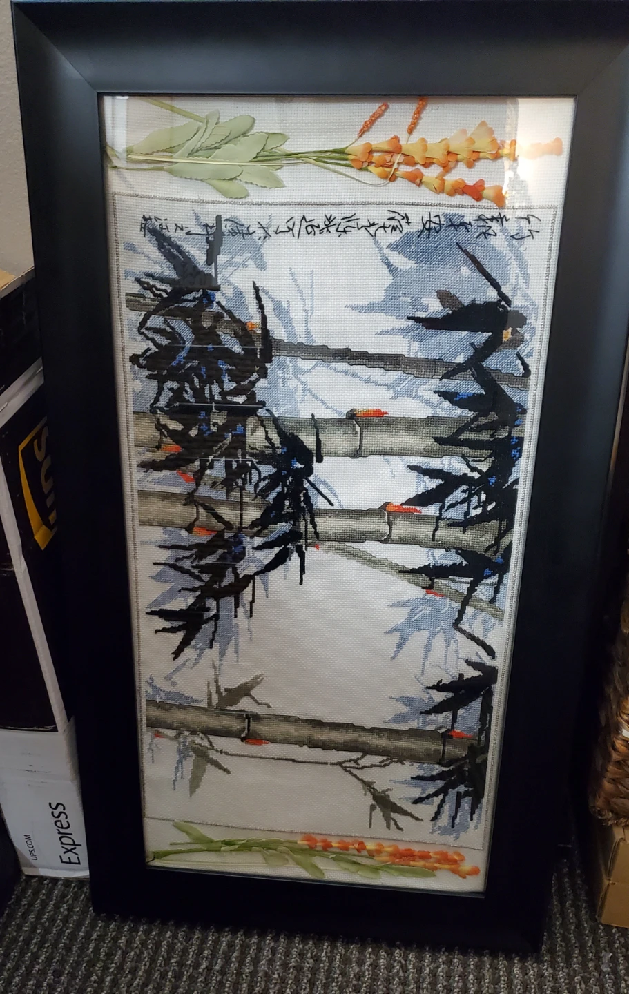 Framed Winter Bamboo 16 x28 1 of a kindCross-Stitch Art