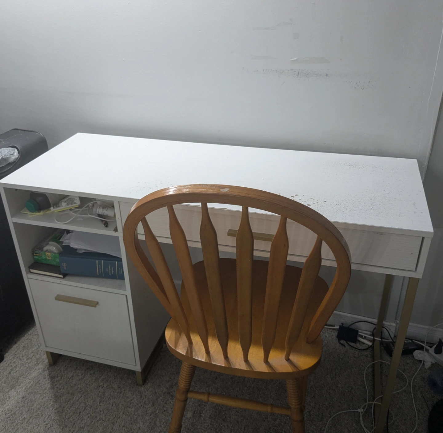 White Desk with Storage Drawer and Shelves and Wooden Chair