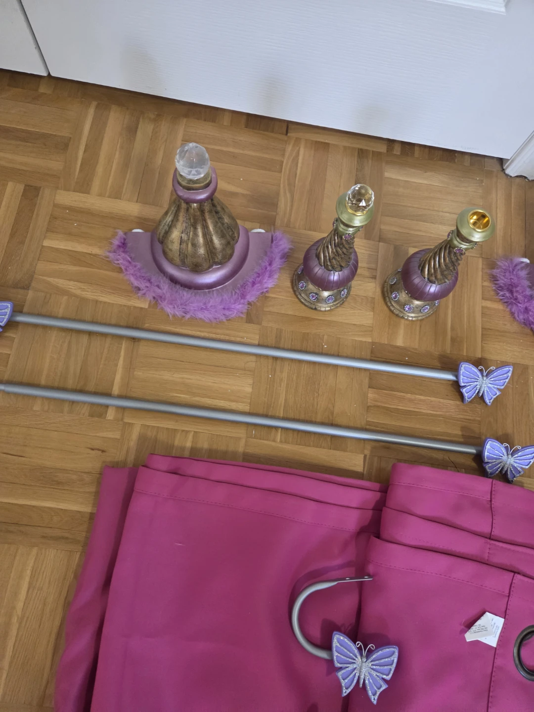 Pink Butterfly Curtains and Finials Set