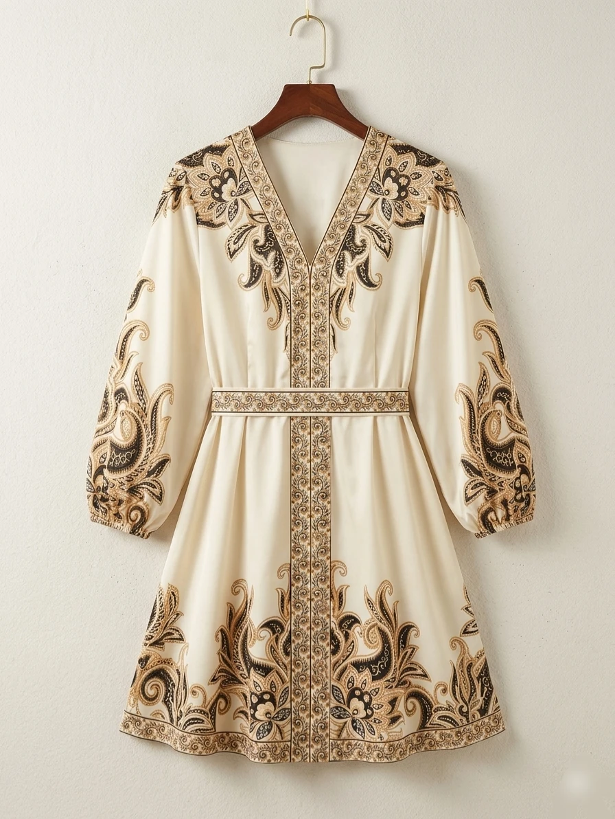 Women's Cream Paisley Print V-Neck short Dress