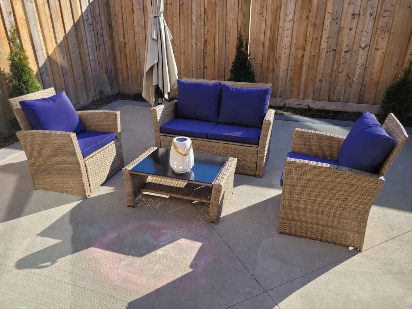 Wicker Patio Furniture Set with Blue Cushions