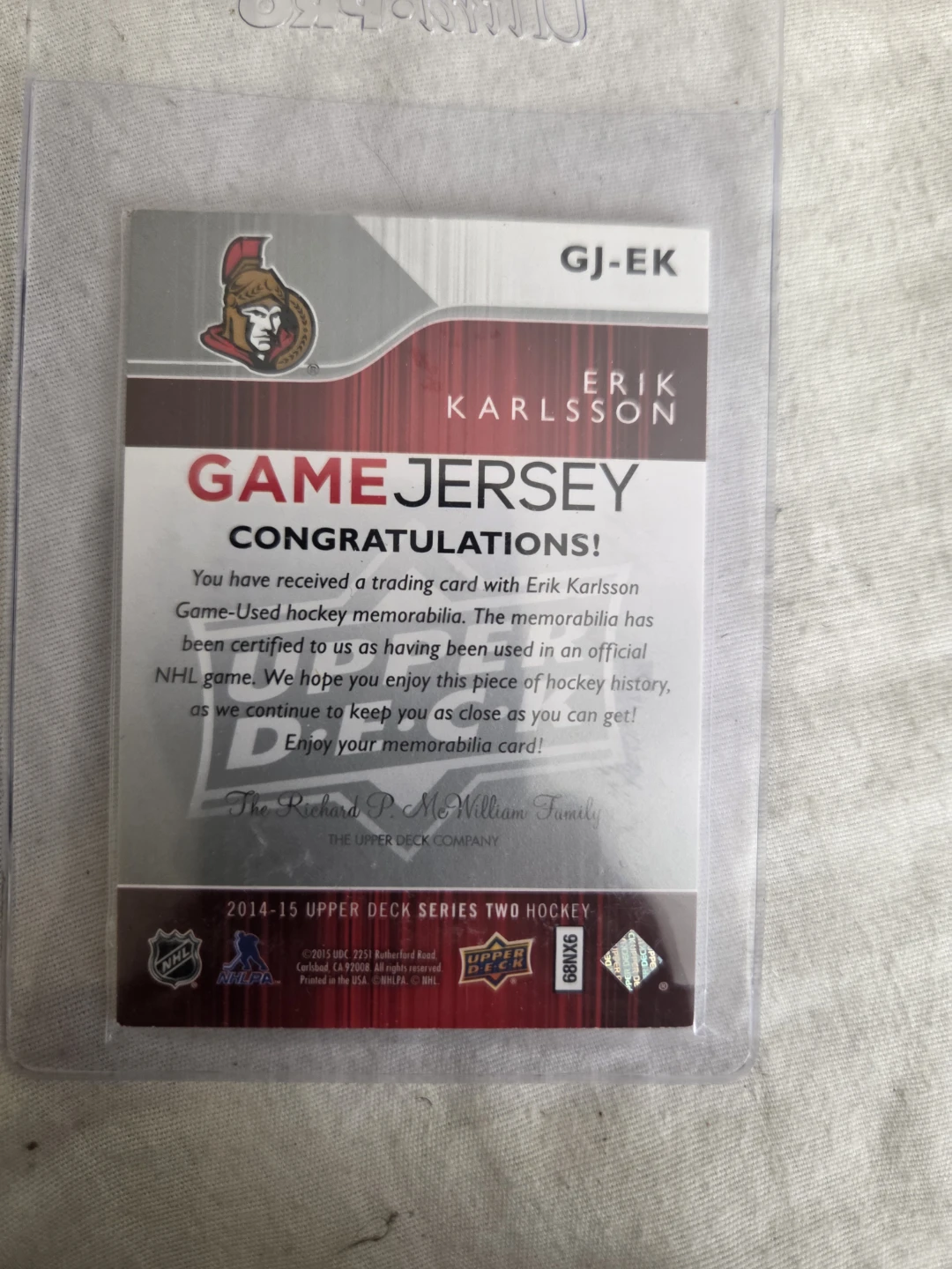 Erik Karlsson Game Jersey Hockey Card - photo 2