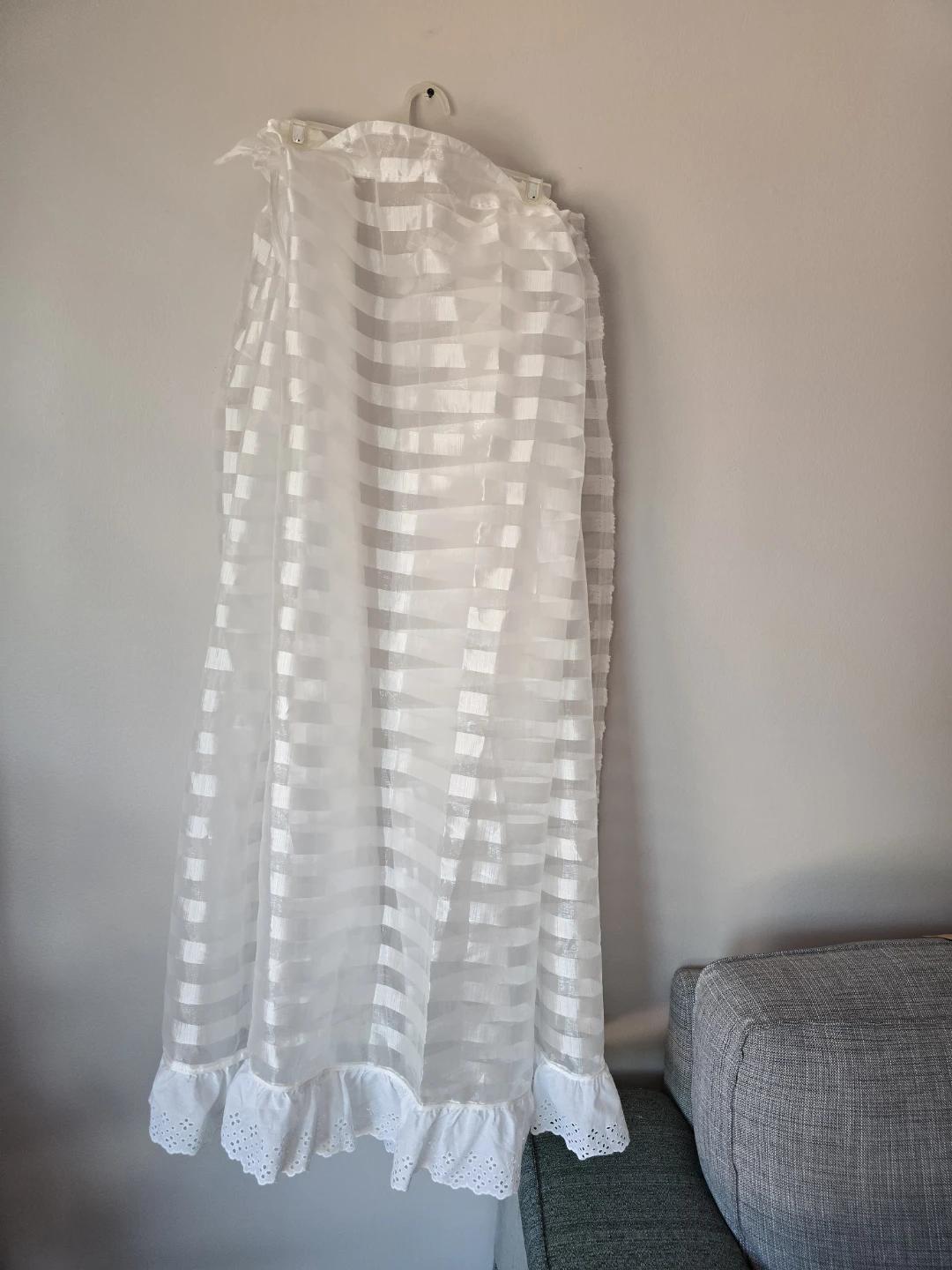 White Sheer Curtain with Ruffles and Eyelet Trim