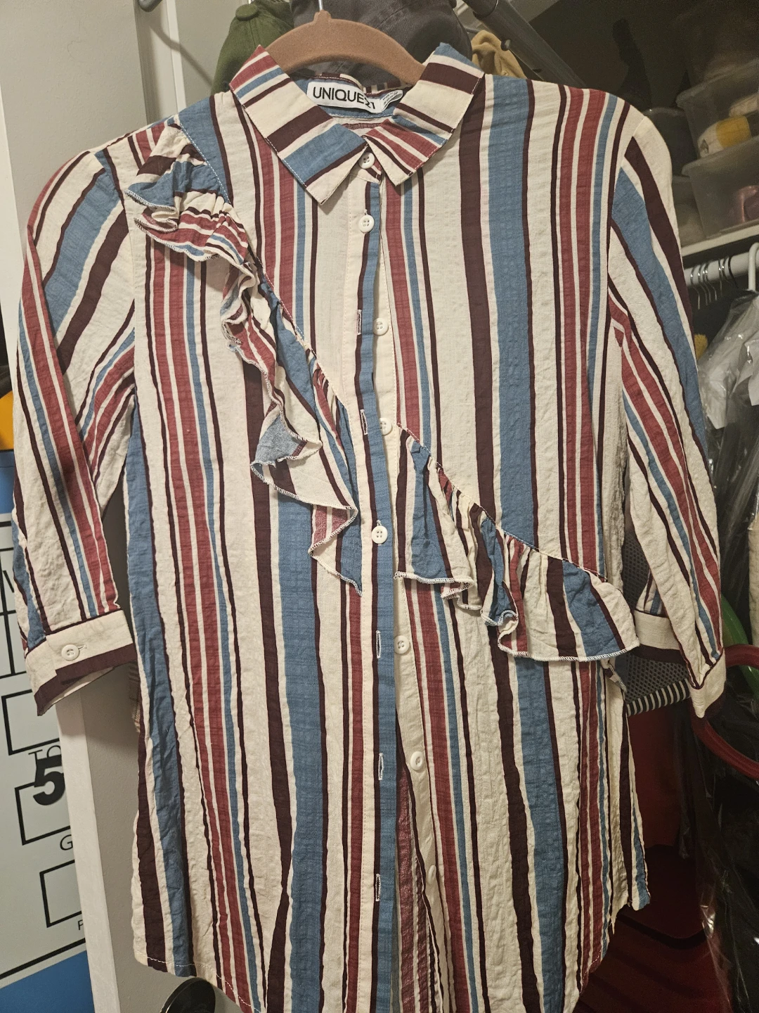 UNIQUE21 Striped Button-Up Shirt with Ruffle Detail