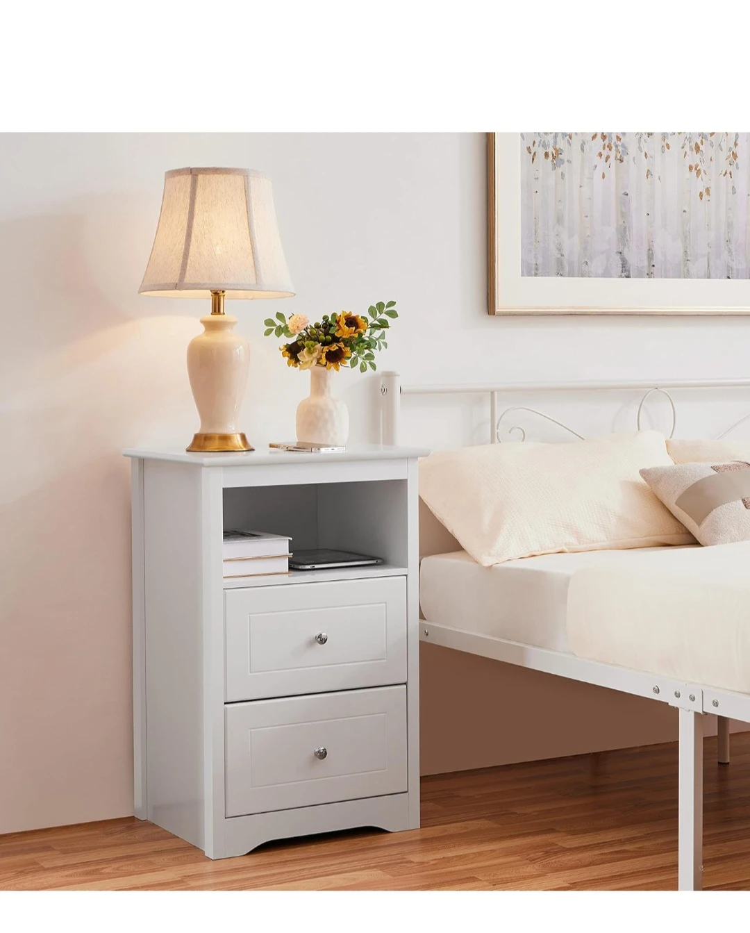 White 2-Drawer Nightstand with Shelf