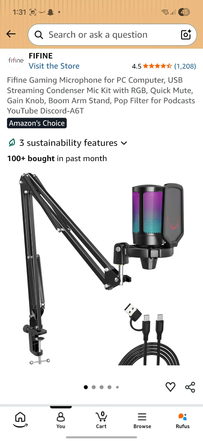 Fifine A6T Gaming Microphone Kit with Boom Arm Stand