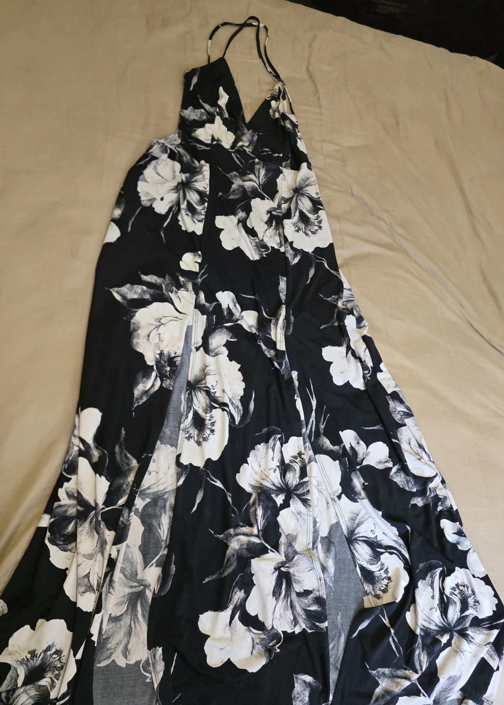 Women's Black and White Floral Maxi Dress with Slits