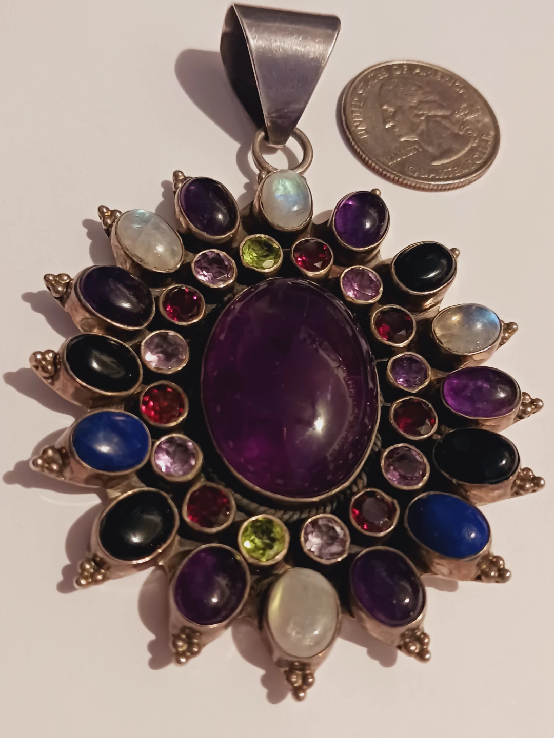 Sterling Silver 925  Oversized Multi-gemstone Starburst Pendant - photo 3