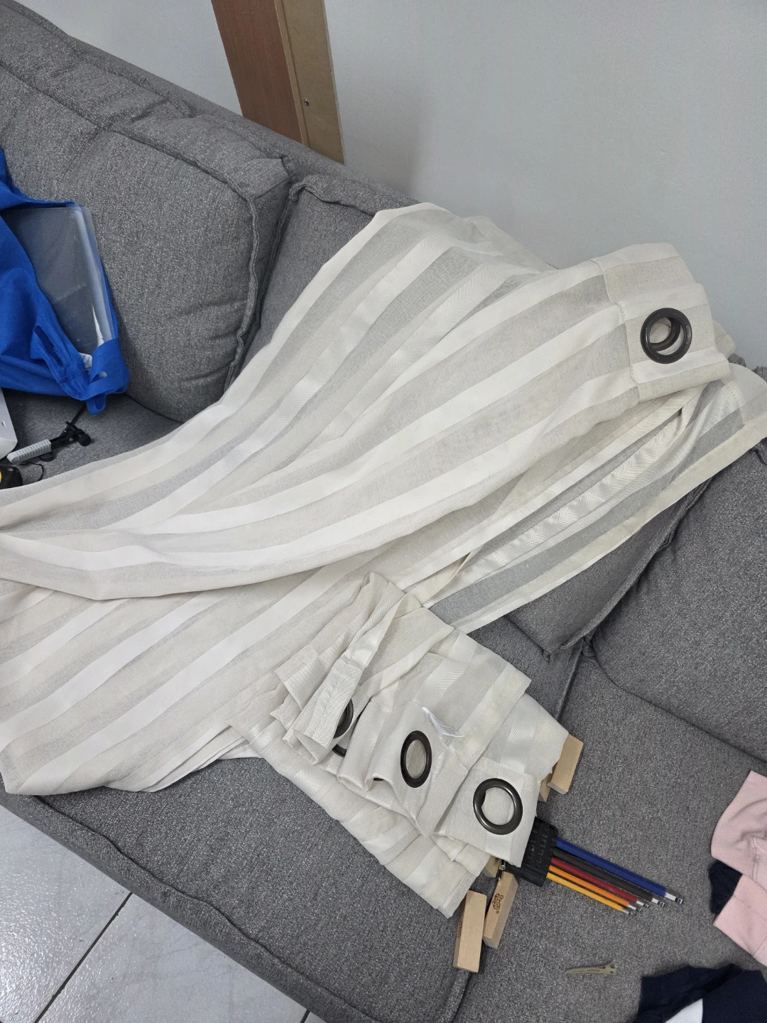 Cream Striped Grommet Curtains (Set of 2)