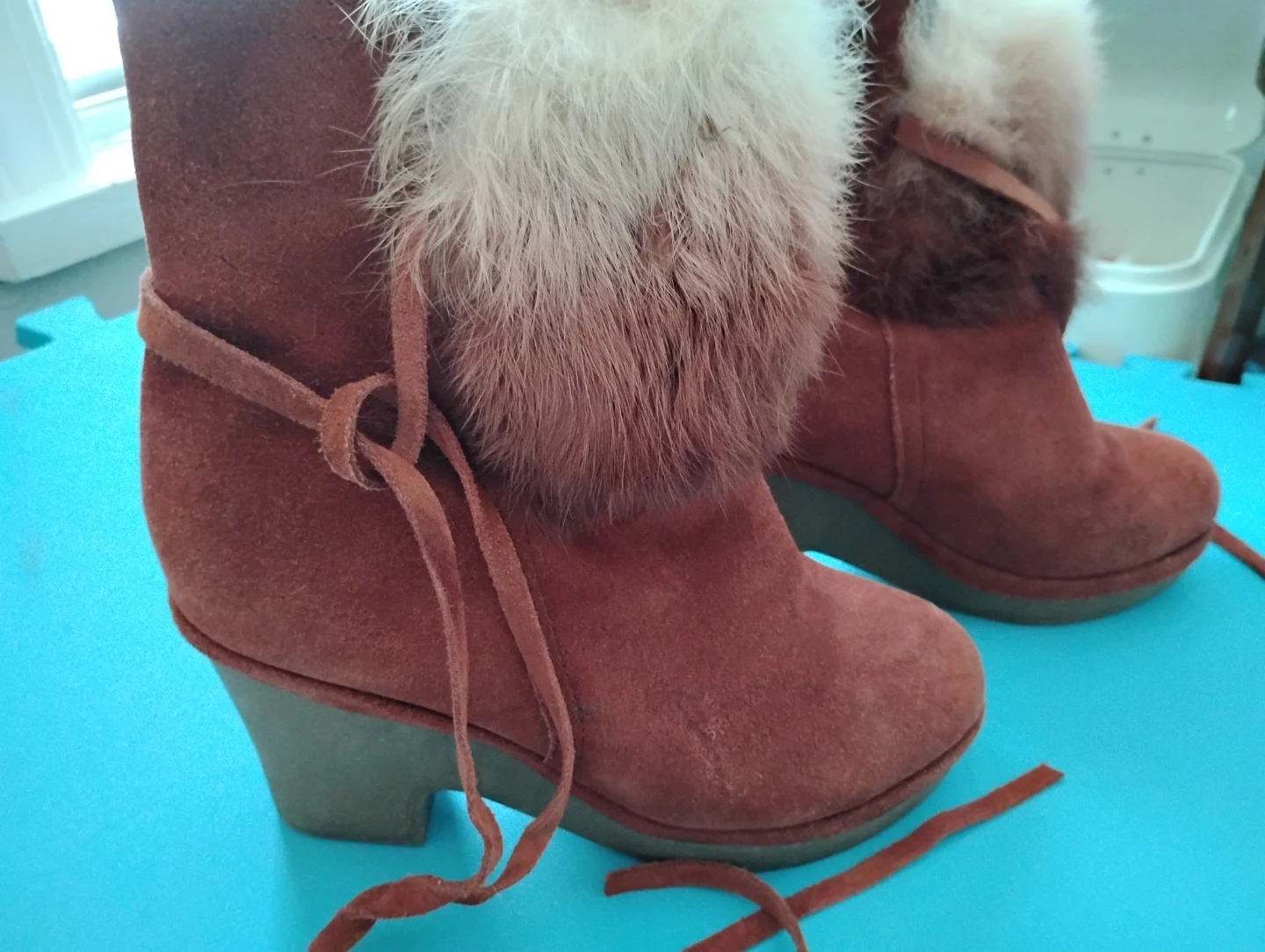 Brown Suede Fur Trim Wedge Ankle Boots - photo 2