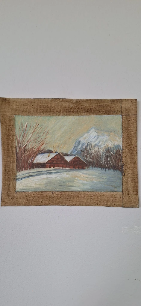 Vintage Winter Cabin Landscape Oil Painting