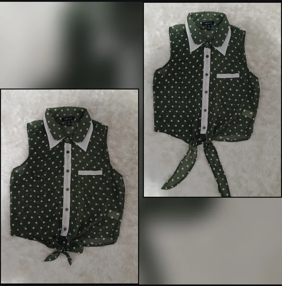 Olive Green Polka Dot Sleeveless Crop Shirt - photo 2