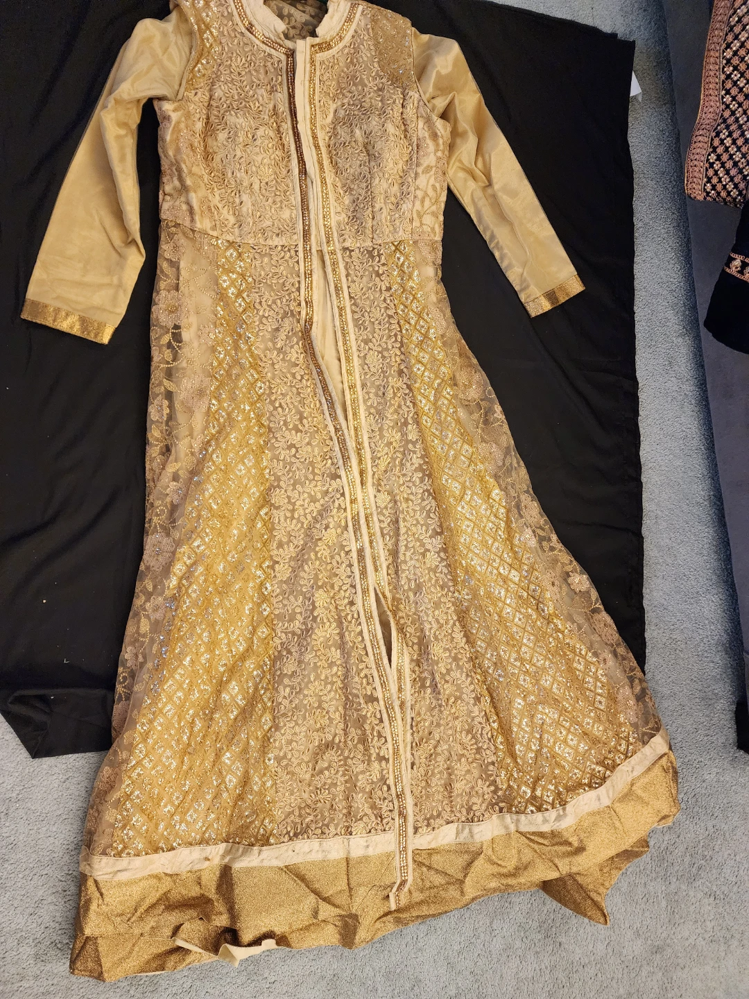 Gold Embroidered Maxi Dress with Dupatta and Pants - photo 2