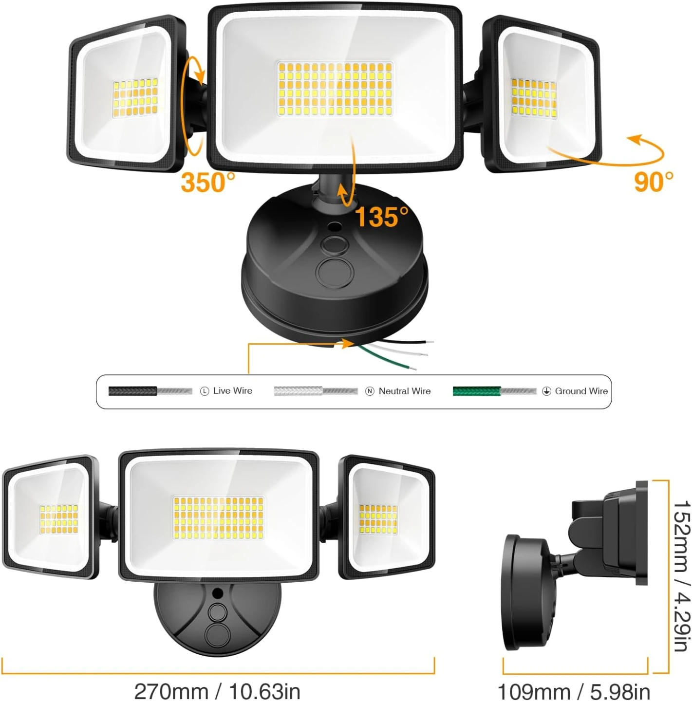 Smart Flood Light Outdoor, 3-Head Hardwired Security Light - photo 4