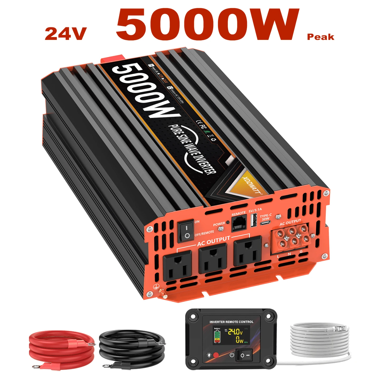 24V 5000W Pure Sine Wave Power Inverter with Remote