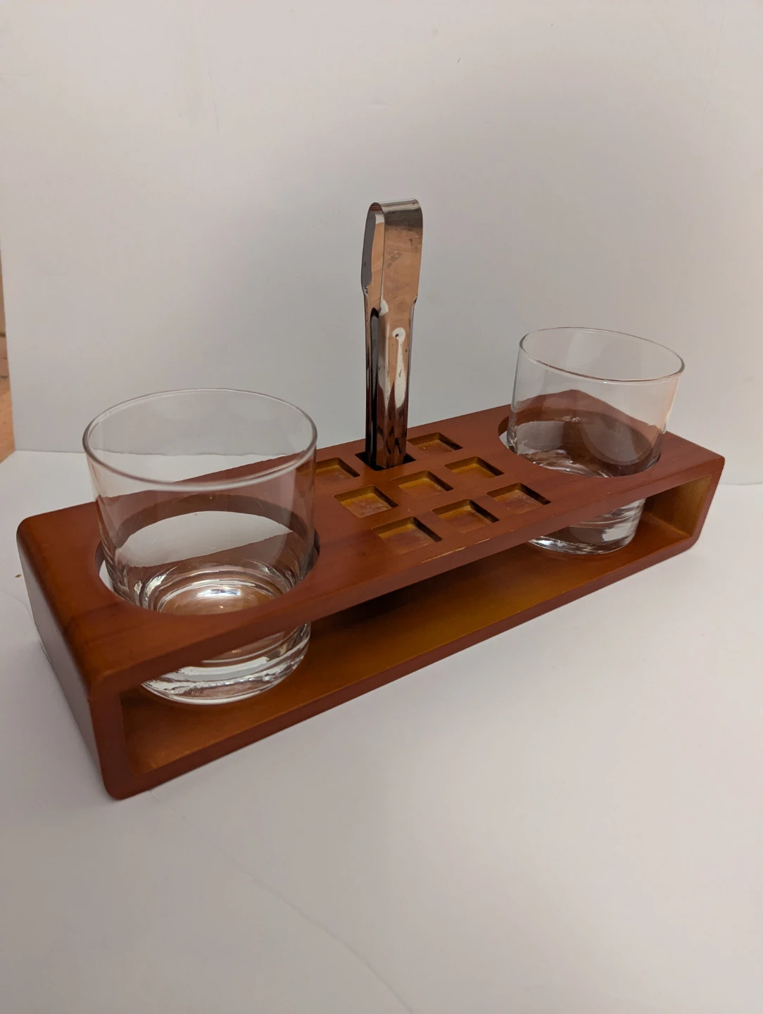 OBO: vintage stylish wood whiskey glass caddy with tongs