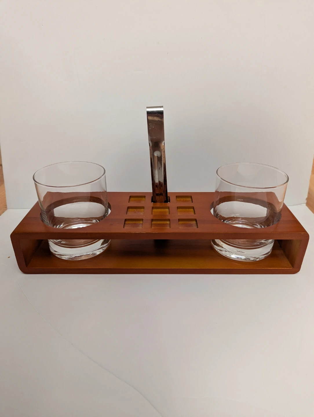OBO: vintage stylish wood whiskey glass caddy with tongs - photo 2